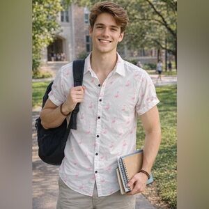 Casual White Flamingo Print Shirt for Men